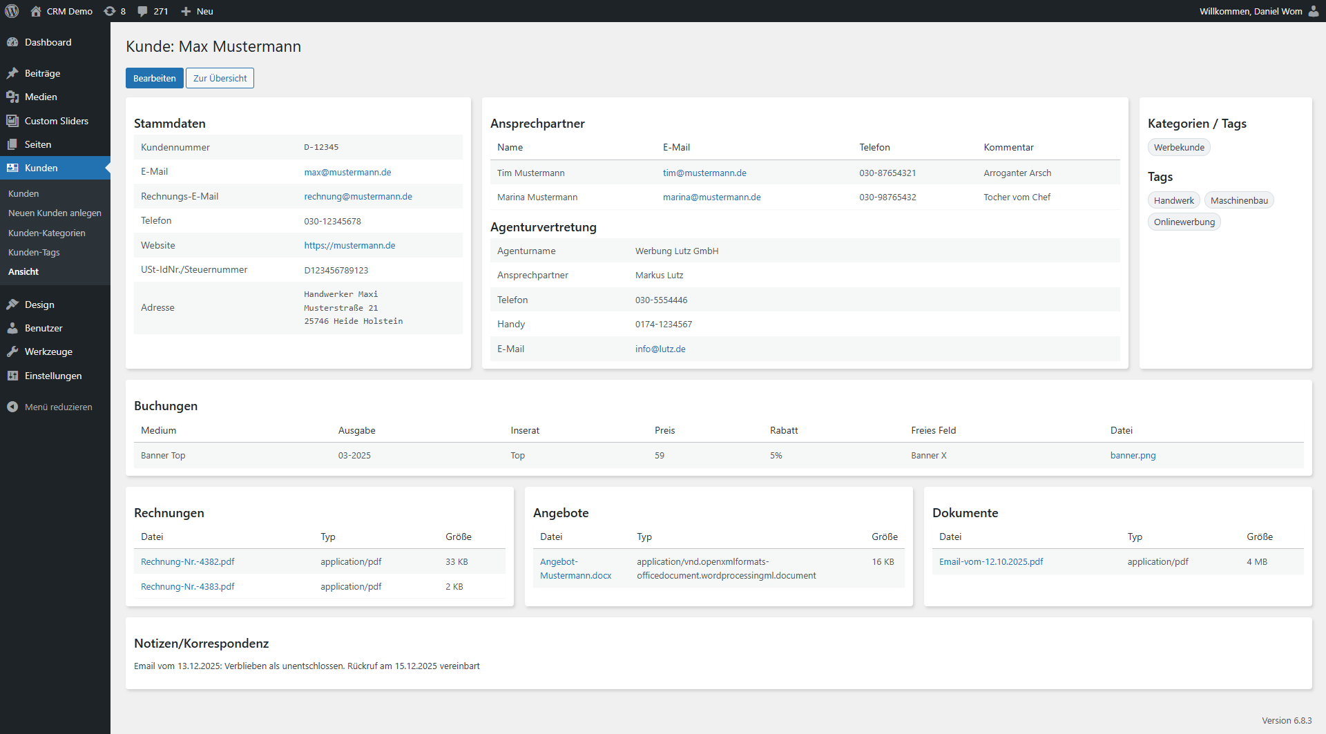 Wordpress CRM – Kundenübersicht